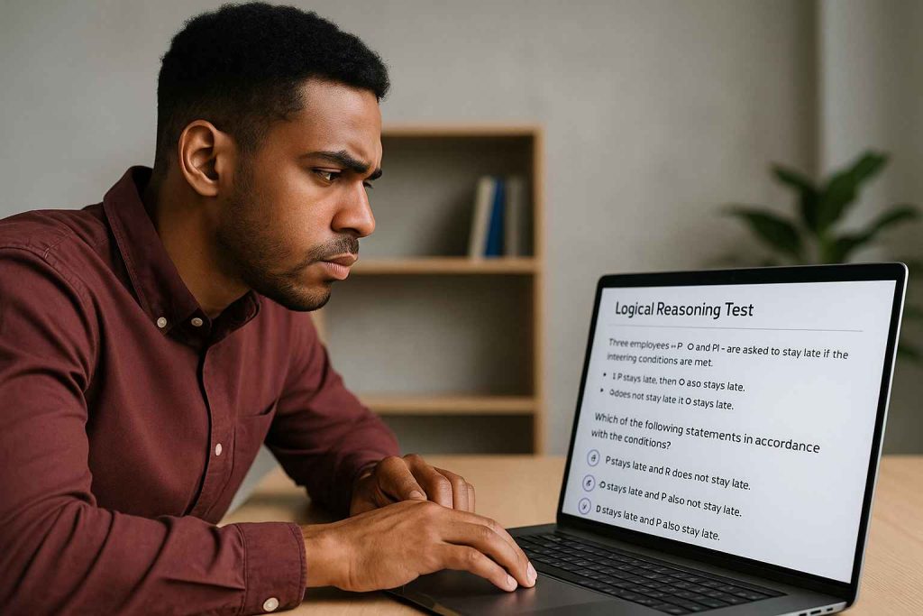 Cognitive Assessment Examples: Real Questions & Use Cases 3 Male candidate taking a logical reasoning cognitive assessment on a laptop.