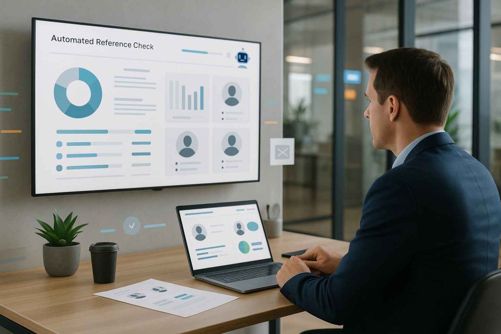 Hiring manager analyzing structured reference feedback using an automated dashboard with AI-powered insights.