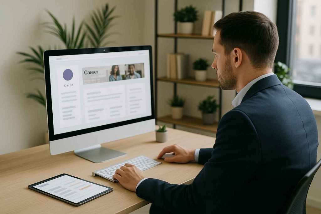 Hiring manager customizing a branded career page layout using a new recruitment platform.