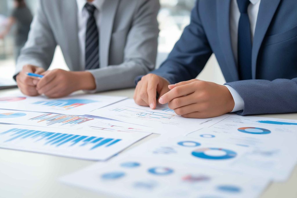Hiring managers analyzing printed Big Five test results during evaluation