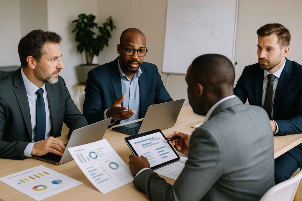 Interviewers debriefing as a team after completing a candidate interview.