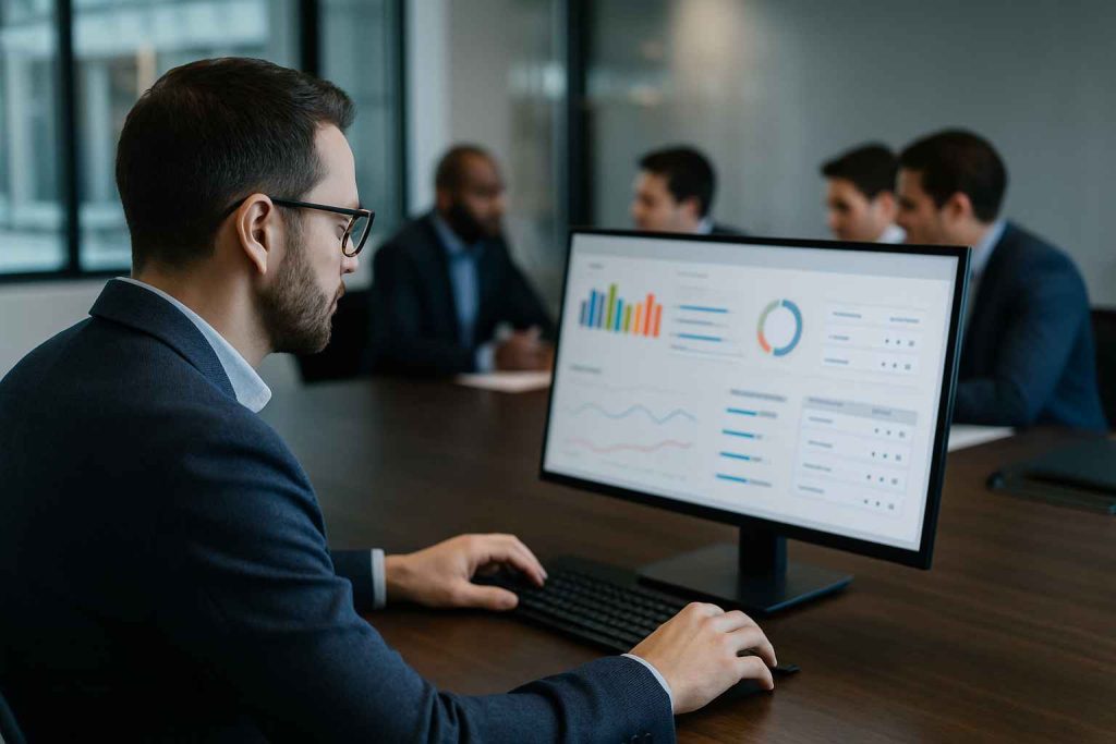 Recruiter analyzing situational judgment test results and candidate performance metrics.
