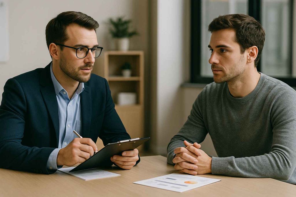 HR interviewer asking behavioral and values-based questions to assess fit.