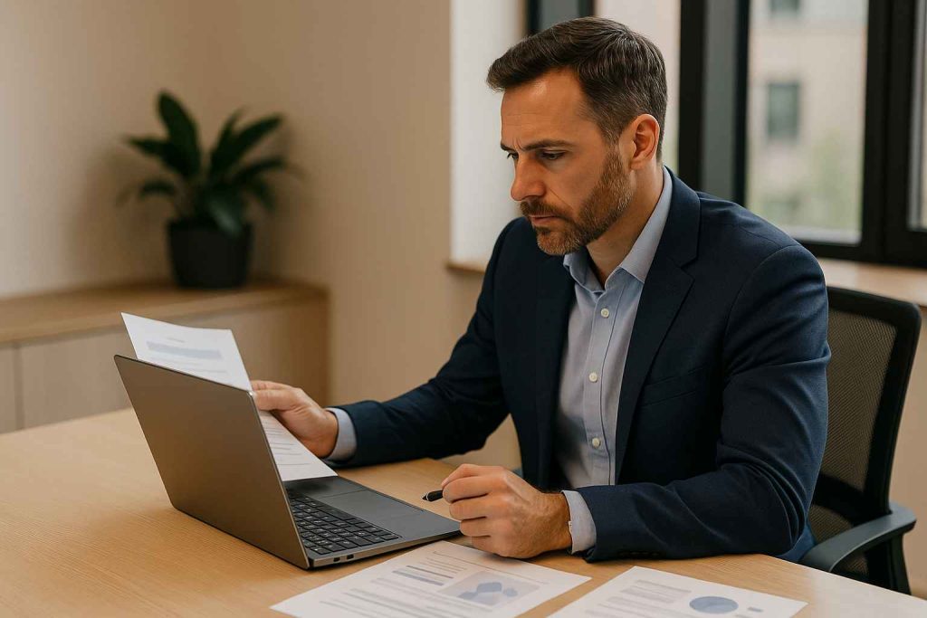 Hiring manager reviewing interview plan and candidate materials before the meeting.