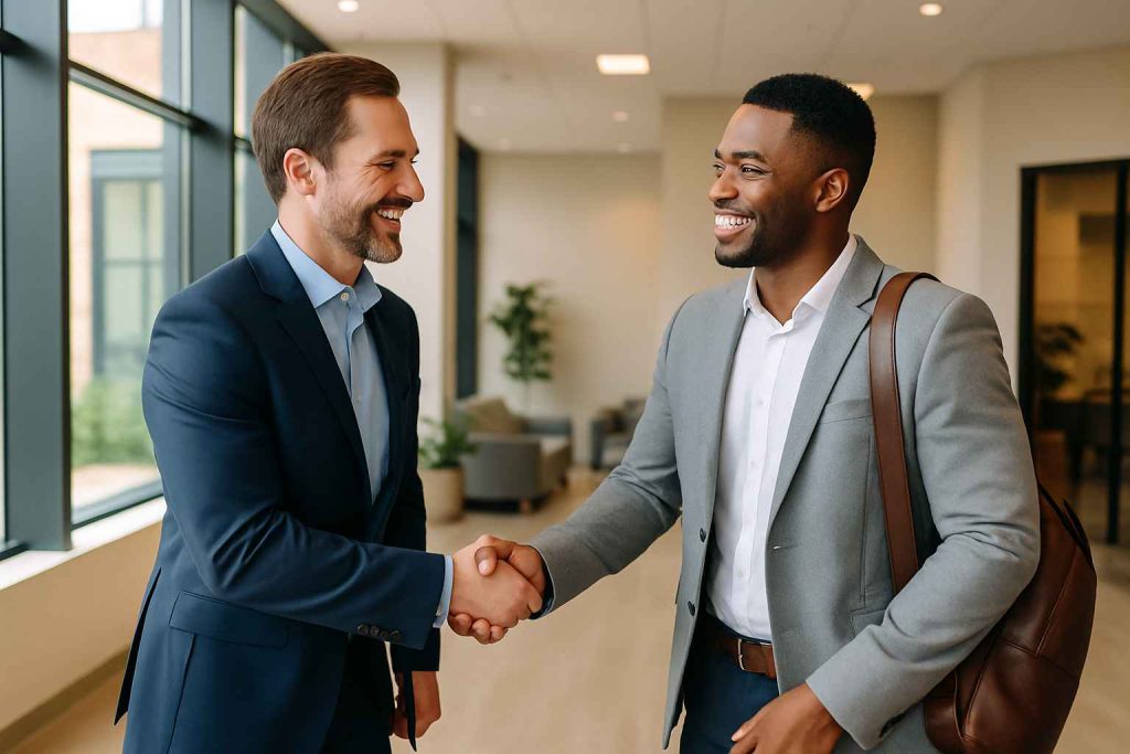 Interviewer welcoming a candidate before starting the job interview.