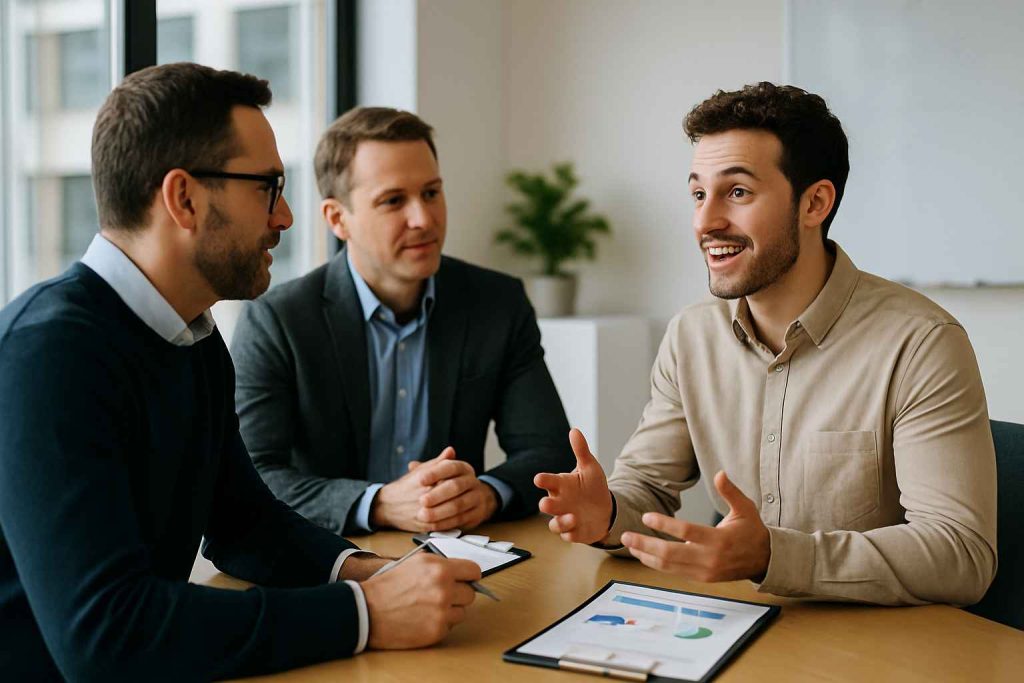 HR and sales lead conducting a joint interview for a sales position.