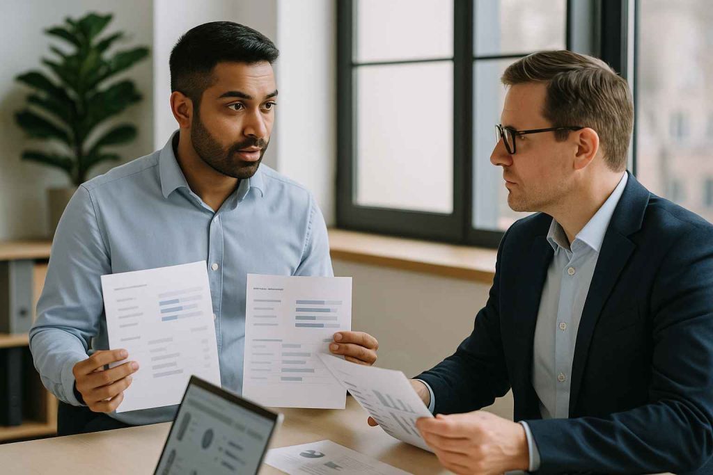 HR and hiring manager reviewing structured feedback after the interview.