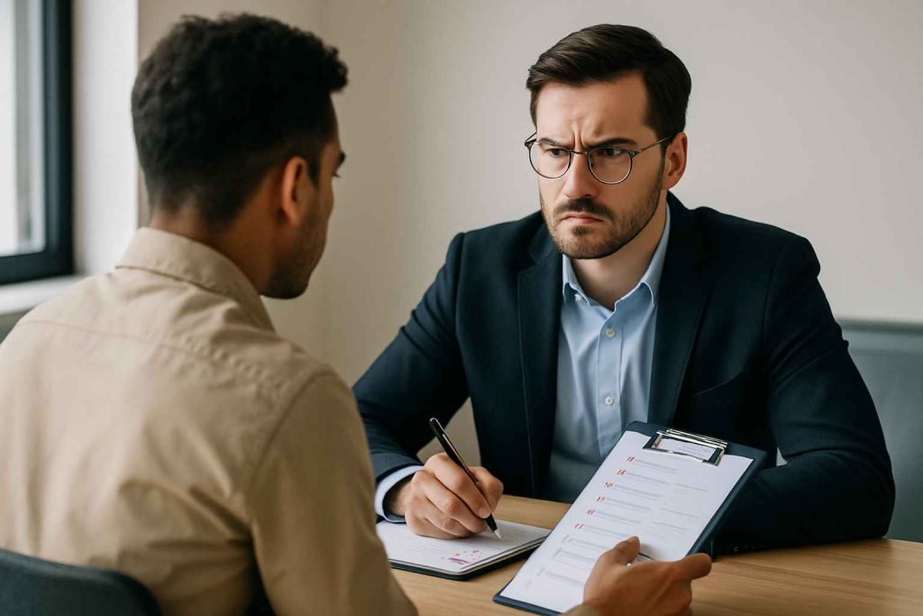 Interviewer noting potential red flags while assessing a sales candidate.