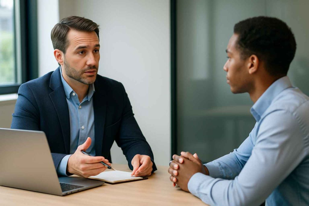Interviewer asking structured behavioral questions during a job interview.