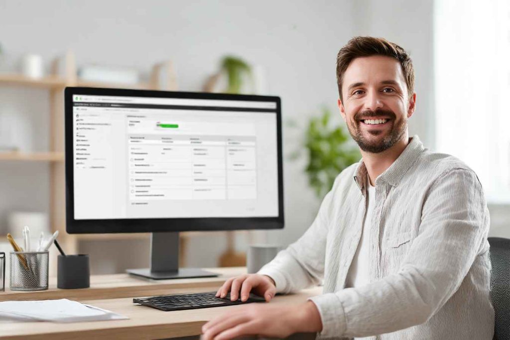 A recruiter smiling at a dashboard showing reference check progress on-screen