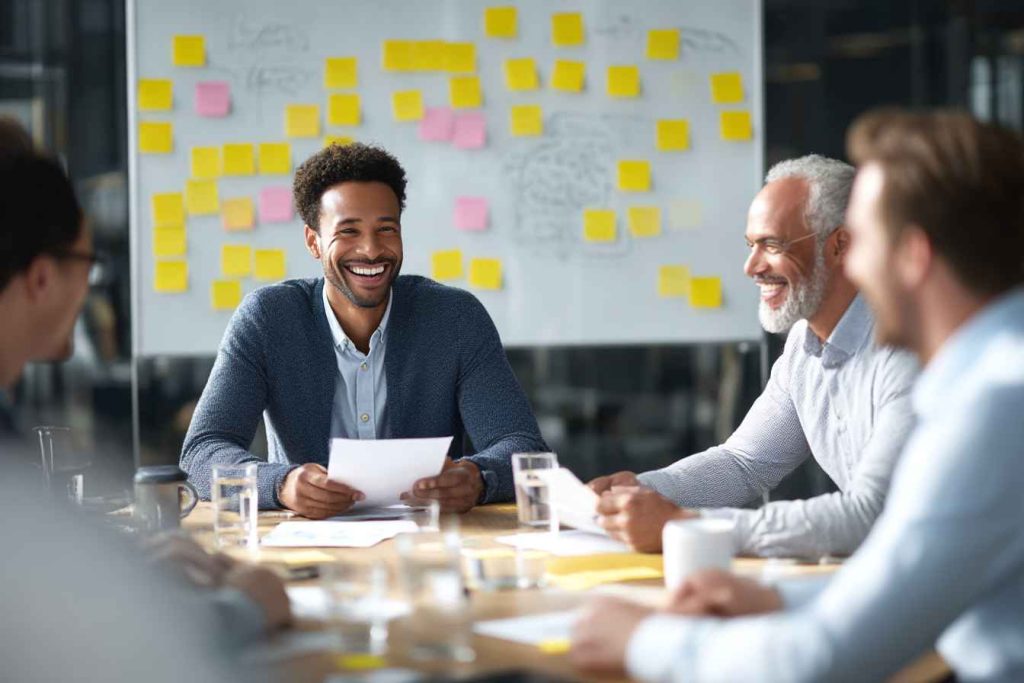 A male hiring panel discussing skills assessment results before the interview round