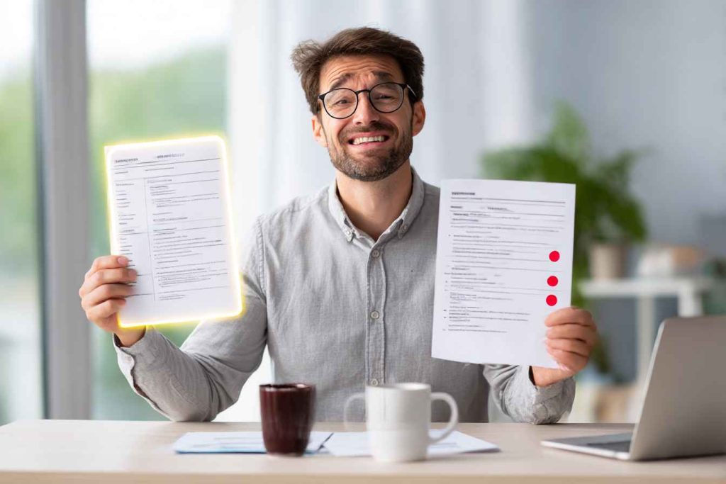 A glowing resume sitting beside a failed skills test result on a recruiter’s desk