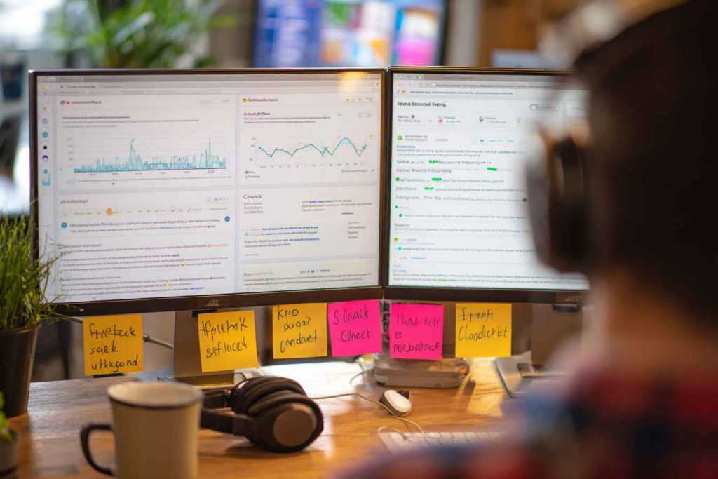 SEO Assessment Test 2 Digital marketing professional performing SEO audit with dashboards and checklists.