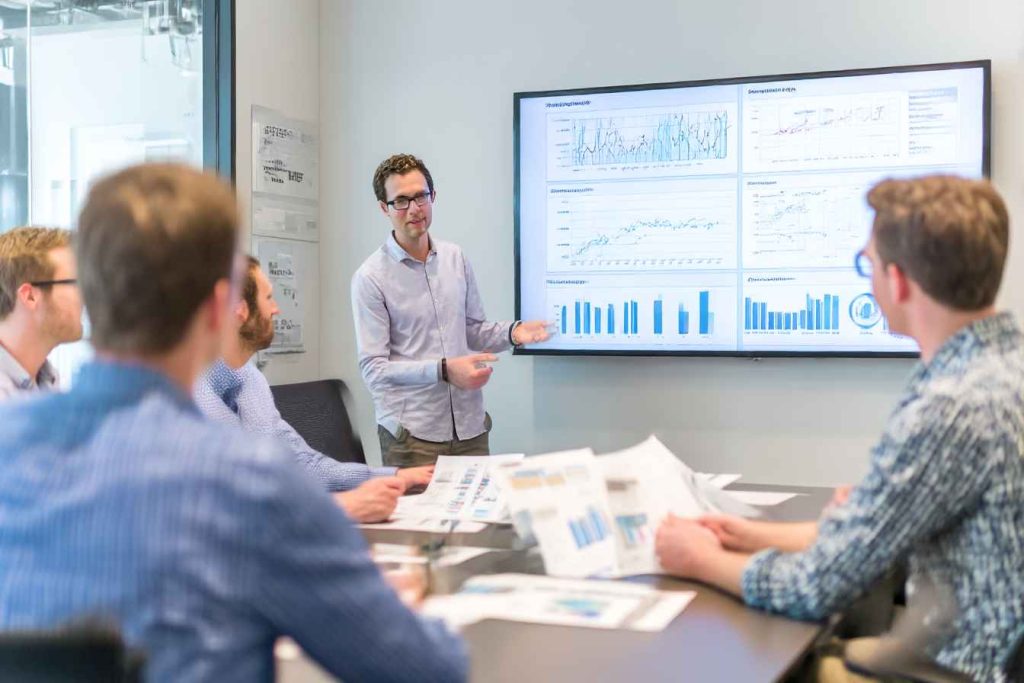 Hiring team analyzing candidate assessment results in meeting