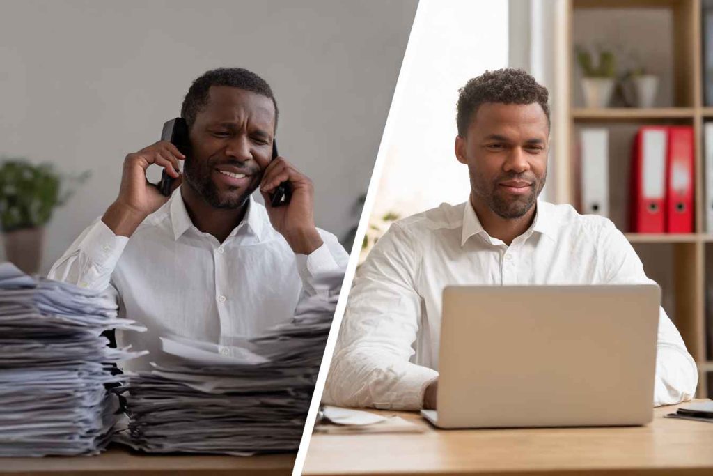 A visual split between a recruiter manually chasing references and one calmly reviewing automated results