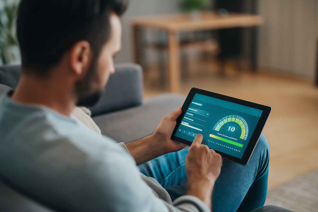 Remote candidate completing a timed numerical reasoning test on a tablet.
