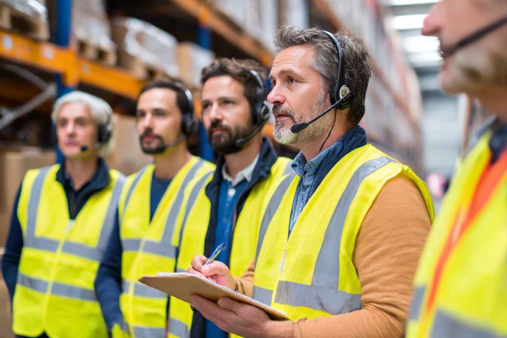 Employees participating in a simulated emergency drill
