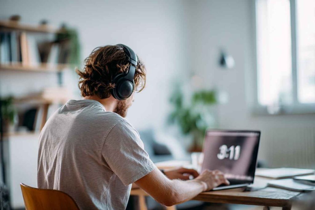 A remote candidate completing a time-sensitive skills test from a calm, modern workspace