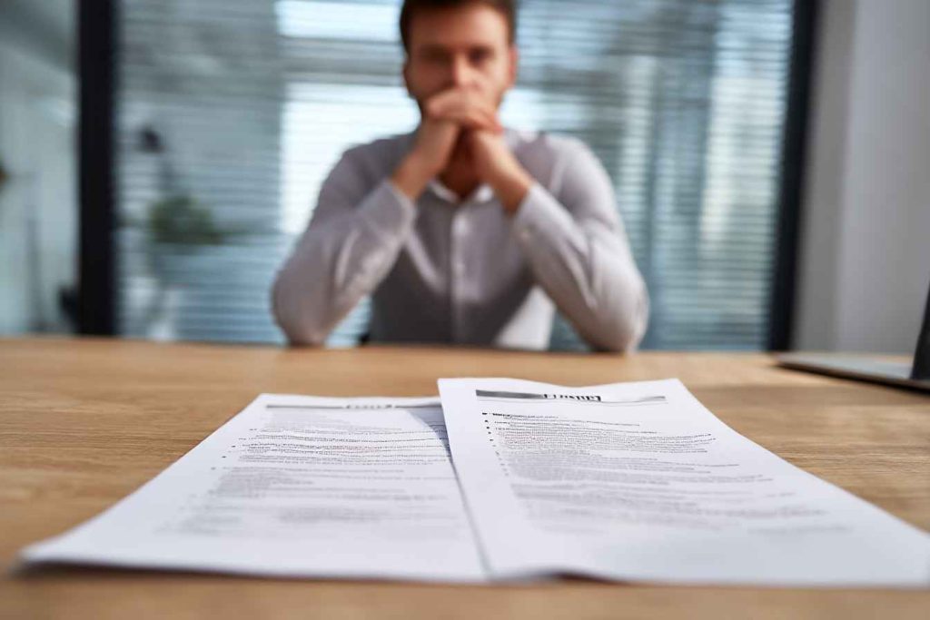 A hiring manager looking concerned while comparing a candidate’s impressive resume with poor skill test results