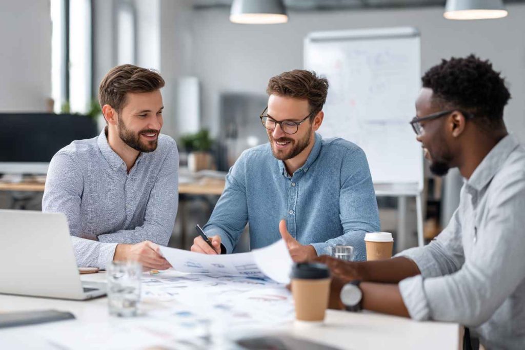 A group of recruiters having a discussion after comparing reference check tools