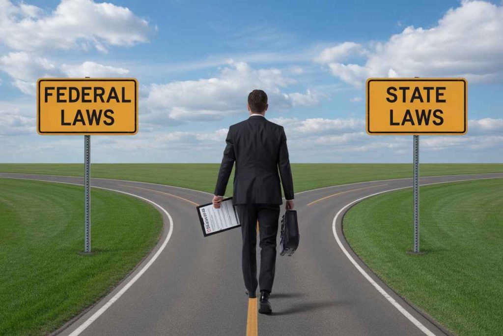 Employer choosing between federal and state law paths while holding a compliance checklist.