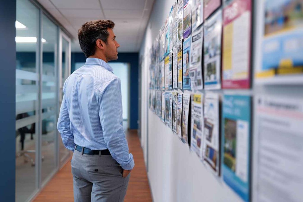 Office wall with mandatory HR compliance posters like OSHA and FLSA.
