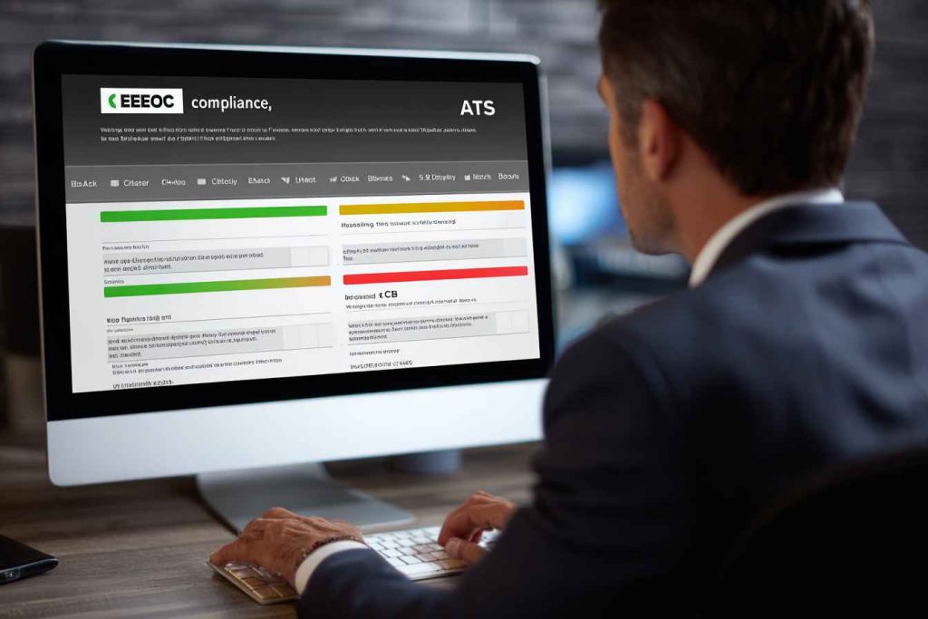HR manager using ATS system dashboard with compliance tracking tools.