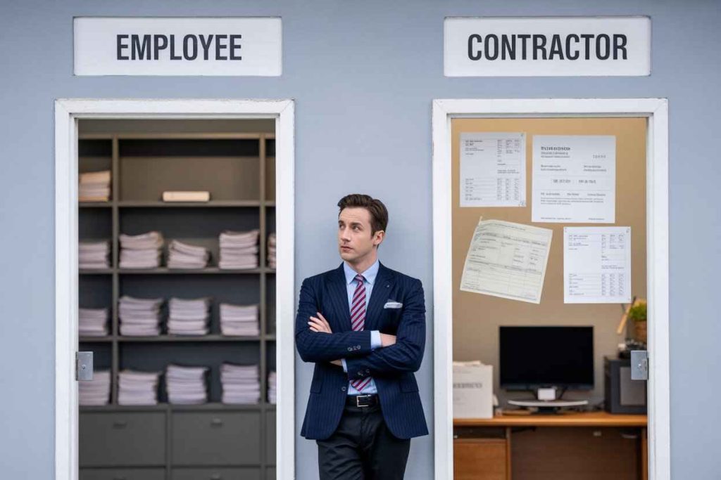 Recruiter standing between Employee and Contractor doors, symbolizing misclassification risks.