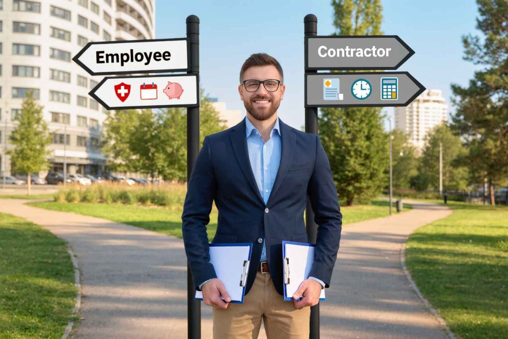 Realistic metaphor of choosing the correct worker classification between employee and contractor.