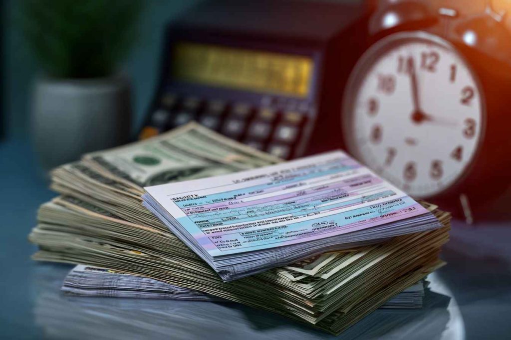 Paychecks flowing into IRS tax forms, symbolizing payroll and wage law compliance.