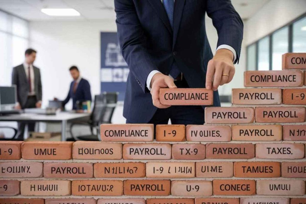 Business owner laying compliance bricks labeled I-9, payroll, and taxes, symbolizing the legal foundation of hiring in the USA.