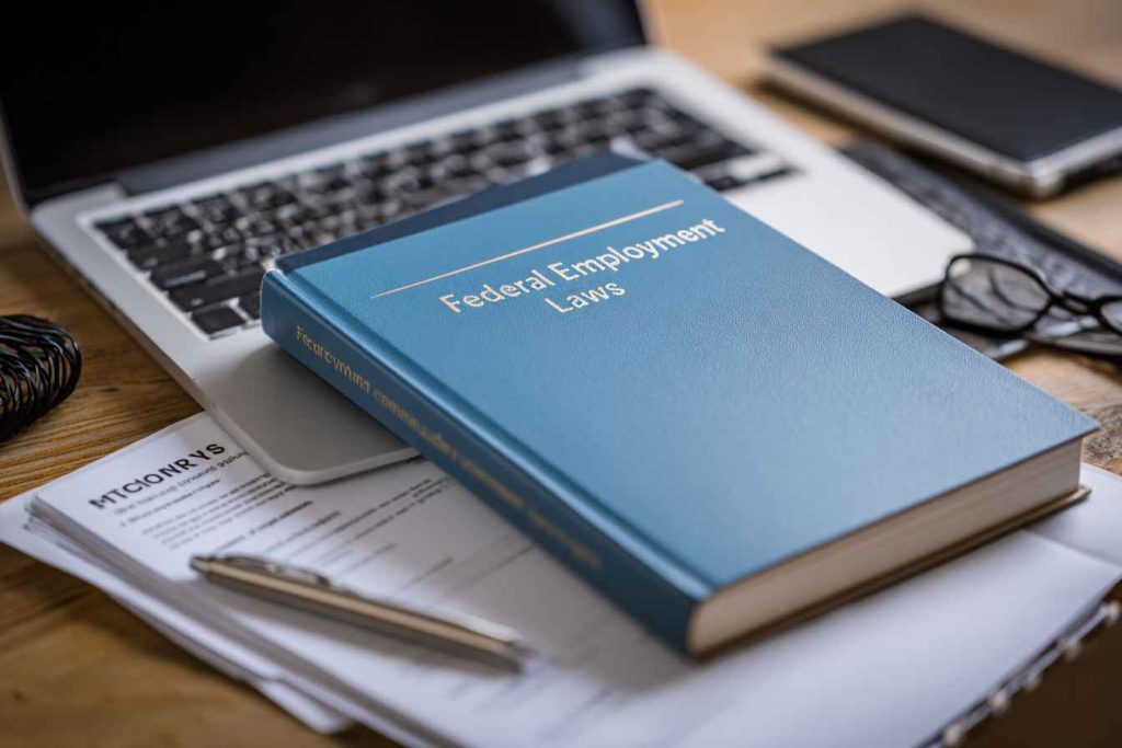 Federal employment law handbook on desk used by HR professional.