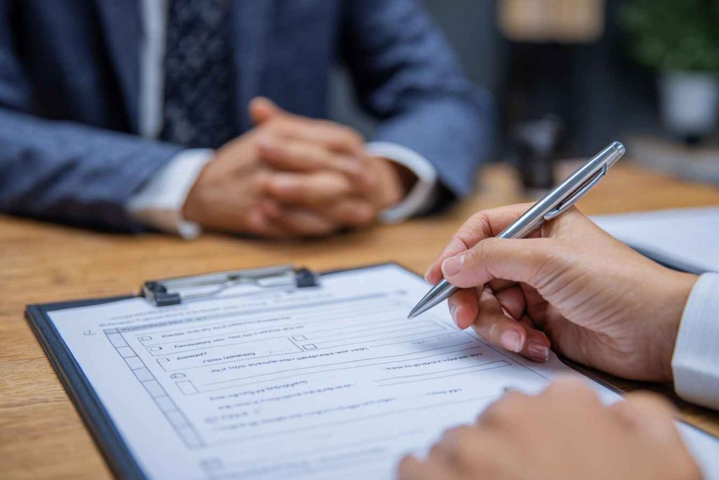 Recruiter using structured rubric to ask fair, job-focused interview questions.