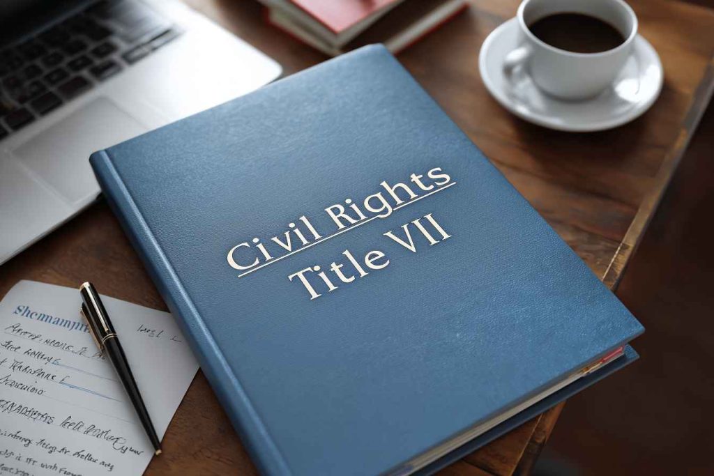 Civil Rights Act Title VII compliance handbook on HR desk.